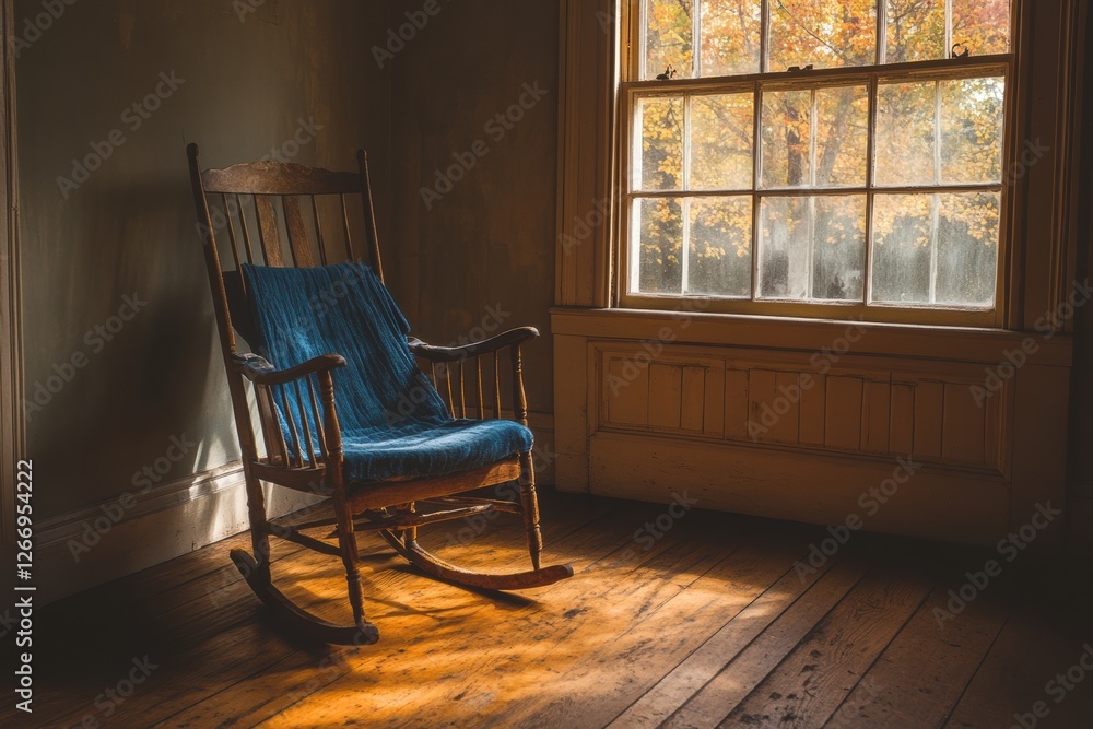 Poster empty rocking chair in a sunlit room with autumn views through the window. generative ai