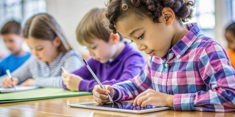 A young girl enthusiastically using a tablet in a classroom surrounded by her classmates who are also engaged in learning activities
