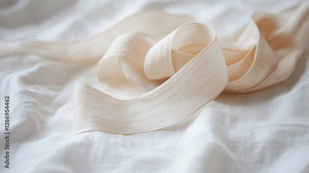 Poster soft cream ribbon draped elegantly on a light fabric background in a serene setting
