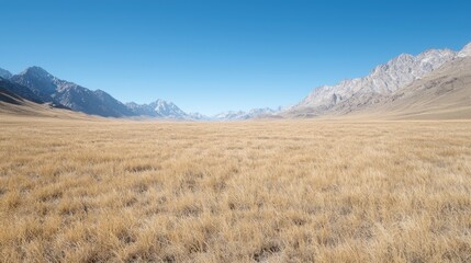 Vast Mountain Valley, Golden Meadow, Sunny Day, Scenic View, Outdoor Exploration
