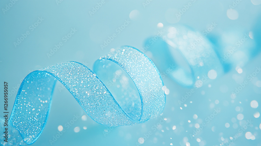 Poster sparkling blue ribbon gliding through soft focus background with shimmering particles