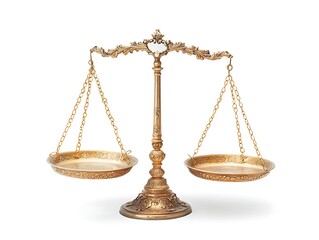 Antique-Style Golden Balance Scales Symbolizing Justice, Fairness, and Legal Equality, Isolated on a White Background for Law, Ethics, and Weighing Concepts