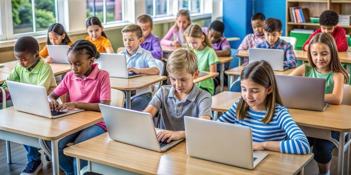 Children working diligently on their laptops in a well-lit classroom enhancing their digital literacy