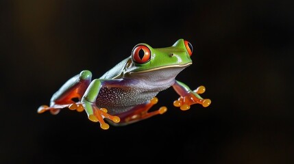 Naklejka premium Red-eyed Tree Frog in Mid-Leap, Dark Background, Jungle