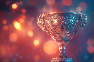 shiny golden trophy with intricate designs on it is placed atop an elegant pedestal against the backdrop of blurred lights.