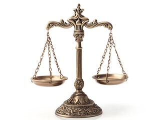 Antique-Style Golden Balance Scales Symbolizing Justice, Fairness, and Legal Equality, Isolated on a White Background for Law, Ethics, and Weighing Concepts
