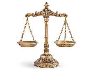 Antique-Style Golden Balance Scales Symbolizing Justice, Fairness, and Legal Equality, Isolated on a White Background for Law, Ethics, and Weighing Concepts