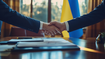 Shaking hands against the background of the Ukrainian flag