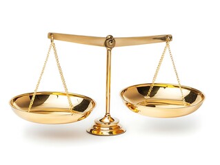 Antique-Style Golden Balance Scales Symbolizing Justice, Fairness, and Legal Equality, Isolated on a White Background for Law, Ethics, and Weighing Concepts