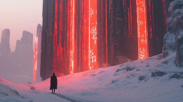 A lone traveler in a snowy landscape approaches towering glowing red monolithic structures in a surreal sci-fi scene - Powered by Adobe