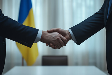 Shaking hands against the background of the Ukrainian flag