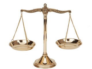 Antique-Style Golden Balance Scales Symbolizing Justice, Fairness, and Legal Equality, Isolated on a White Background for Law, Ethics, and Weighing Concepts