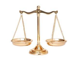 Antique-Style Golden Balance Scales Symbolizing Justice, Fairness, and Legal Equality, Isolated on a White Background for Law, Ethics, and Weighing Concepts