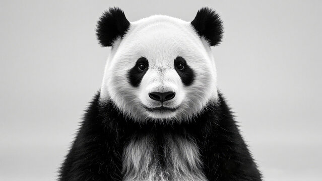 Headshot of a panda bear facing forward in a studio environment.