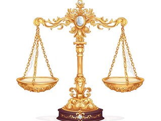Antique-Style Golden Balance Scales Symbolizing Justice, Fairness, and Legal Equality, Isolated on a White Background for Law, Ethics, and Weighing Concepts