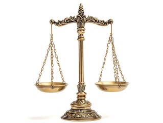Antique-Style Golden Balance Scales Symbolizing Justice, Fairness, and Legal Equality, Isolated on a White Background for Law, Ethics, and Weighing Concepts