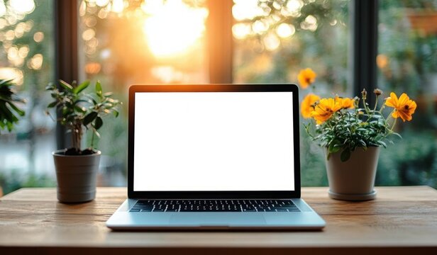 Laptop Blank Screen on Wooden Table with Blurred Coffee Shop Interior Background and Bokeh Lighting Mockup Template for Design