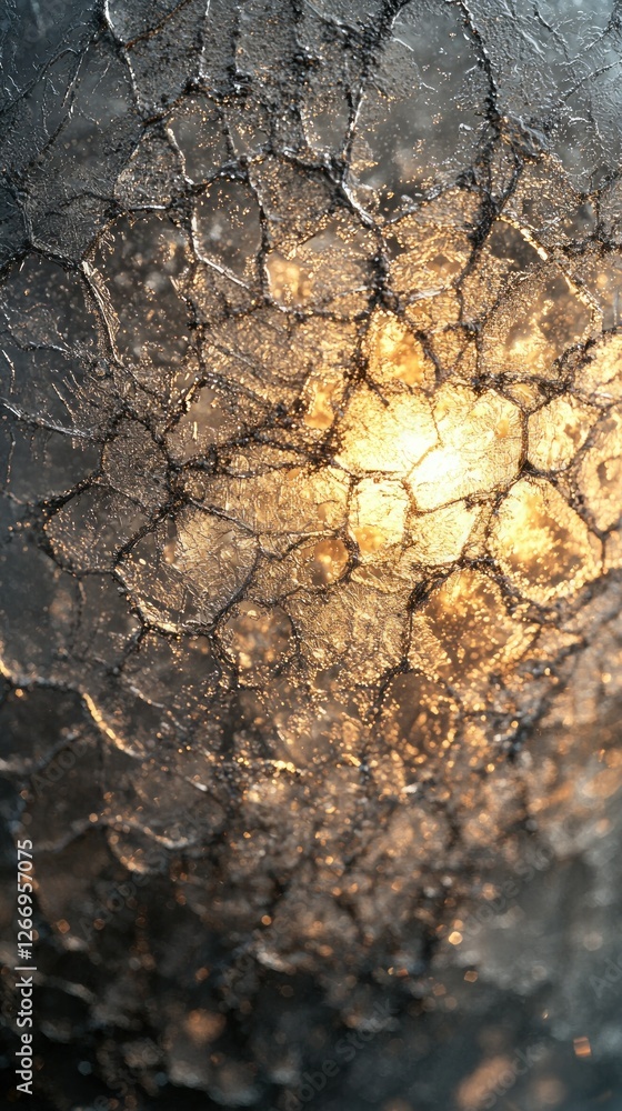 Poster abstract cracked ice surface lit from below with gold light for background use