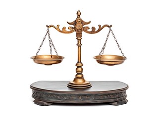 Antique-Style Golden Balance Scales Symbolizing Justice, Fairness, and Legal Equality, Isolated on a White Background for Law, Ethics, and Weighing Concepts