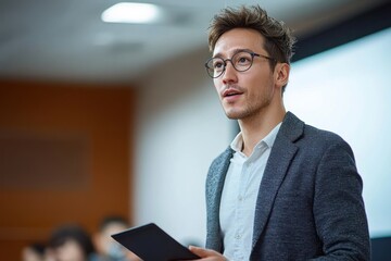 Young Japanese businessman presenting confidently in a modern office setting