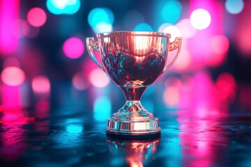 shiny gold trophy with bright pink and blue lights in the background. In front of it is an empty dark table. The scene has a blurred effect, giving depth to its surroundings.