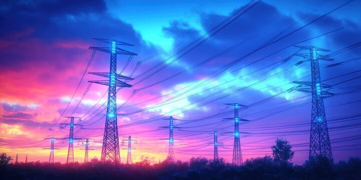 Futuristic Electric Power Towers Illuminated by Neon Blue Glow in Vibrant Twilight Sky