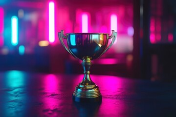 shiny gold trophy with bright pink and blue lights in the background. In front of it is an empty dark table. The scene has a blurred effect, giving depth to its surroundings.