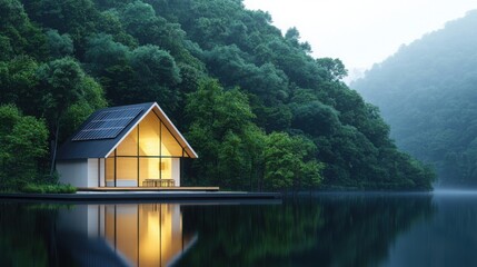 Fototapeta premium Scenic Lake House with Solar Panels on Roof Surrounded by Lush Greenery