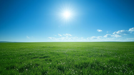 Obraz premium Vibrant green field under bright sun, refreshing nature