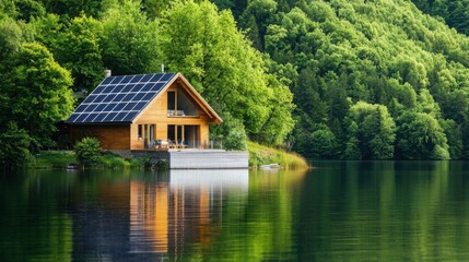 Fototapeta premium Scenic Lakeside House with Solar Panels Surrounded by Lush Green Trees