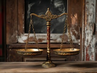 Antique-Style Golden Balance Scales Symbolizing Justice, Fairness, and Legal Equality, Isolated on a White Background for Law, Ethics, and Weighing Concepts