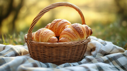 Delicious croissants in woven basket on picnic blanket, spring feast