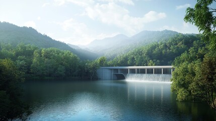 Serene landscape showcasing a modern dam surrounded by lush greenery and tranquil waters, evoking peace and harmony in nature.