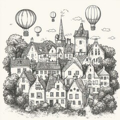 Obraz premium Whimsical Village with Hot Air Balloons and Trees Hand-Drawn Illustration