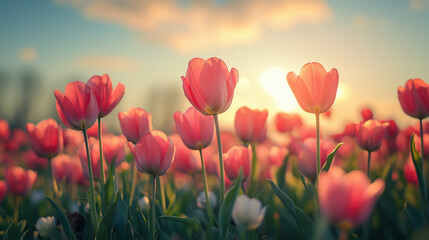 Vibrant pink tulips blooming in sunlight, springtime beauty