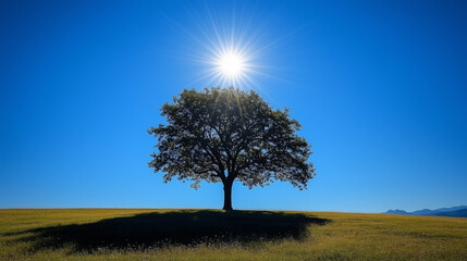 Fototapeta premium Majestic tree silhouetted against sunny blue sky, nature's beauty