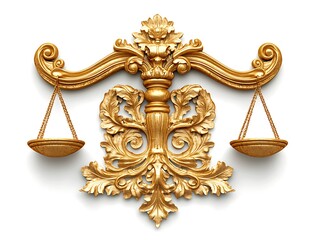 Antique-Style Golden Balance Scales Symbolizing Justice, Fairness, and Legal Equality, Isolated on a White Background for Law, Ethics, and Weighing Concepts