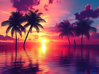 Fiery Orange and Purple Sunset with Silhouetted Palm Trees Reflecting Over a Tranquil Tropical Lagoon, Creating a Serene and Dreamy Beach Paradise Scene