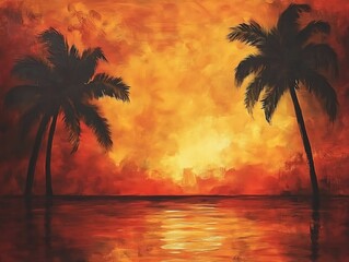 Fiery Orange and Purple Sunset with Silhouetted Palm Trees Reflecting Over a Tranquil Tropical Lagoon, Creating a Serene and Dreamy Beach Paradise Scene