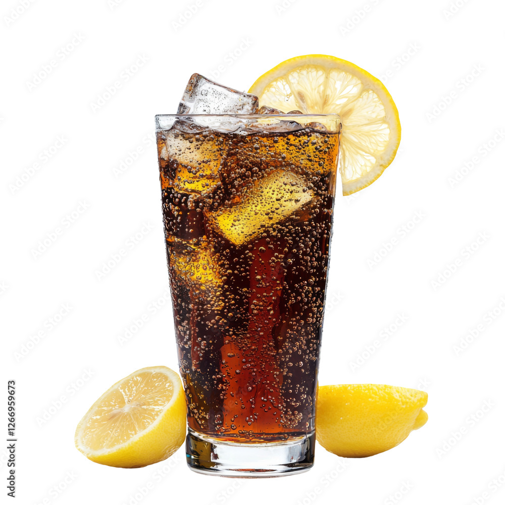 Poster refreshing beverage with ice and lemon slices, perfect for hot days. enjoy fizzy drink with citrus t