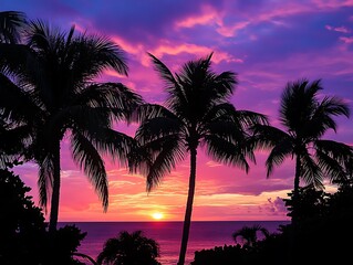 Fiery Orange and Purple Sunset with Silhouetted Palm Trees Reflecting Over a Tranquil Tropical Lagoon, Creating a Serene and Dreamy Beach Paradise Scene