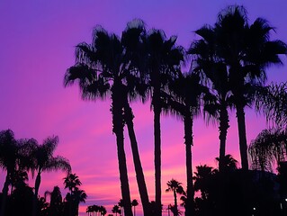 Fiery Orange and Purple Sunset with Silhouetted Palm Trees Reflecting Over a Tranquil Tropical Lagoon, Creating a Serene and Dreamy Beach Paradise Scene