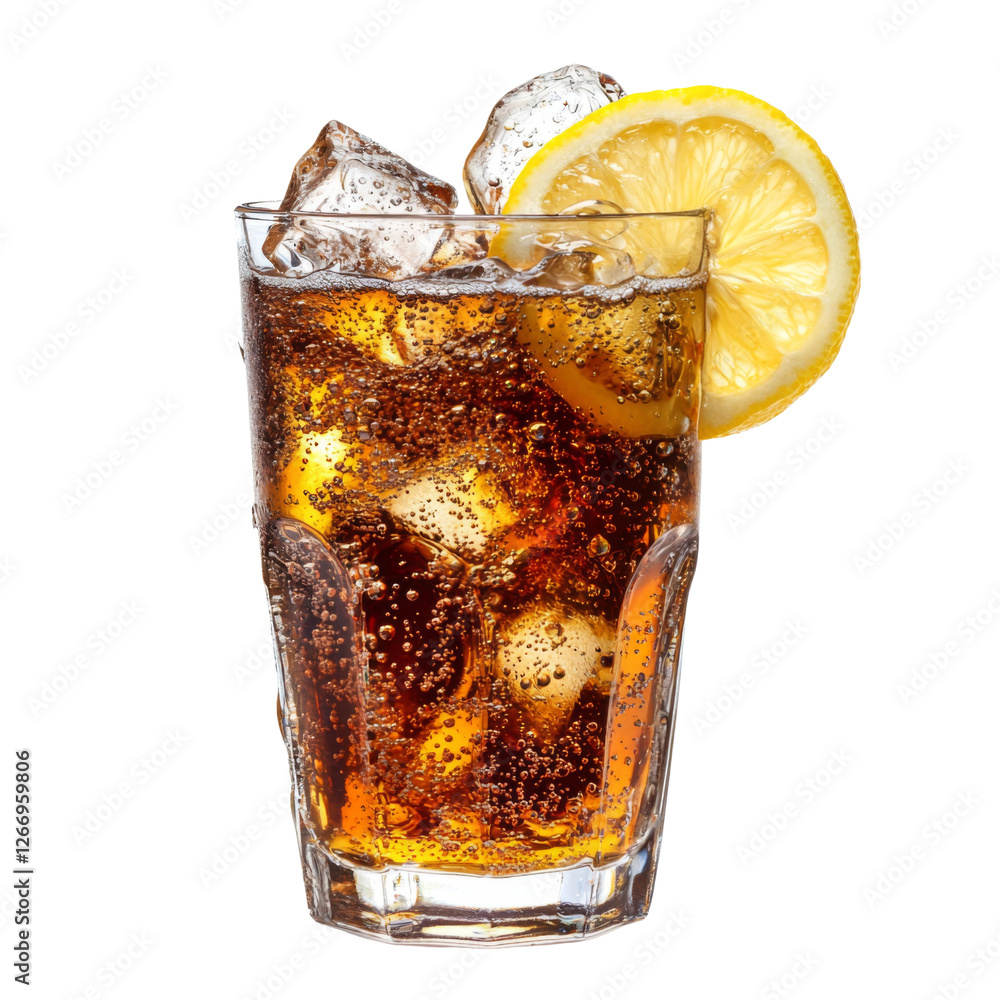 Poster Refreshing beverage with ice and lemon slice, perfect for hot days