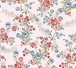 
seamless vector pattern with creative botanical flower branches isolated on cream background. vintage flowers pattern.
