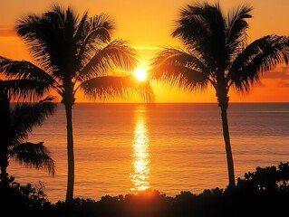 Fiery Orange and Purple Sunset with Silhouetted Palm Trees Reflecting Over a Tranquil Tropical Lagoon, Creating a Serene and Dreamy Beach Paradise Scene