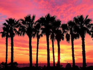Fiery Orange and Purple Sunset with Silhouetted Palm Trees Reflecting Over a Tranquil Tropical Lagoon, Creating a Serene and Dreamy Beach Paradise Scene