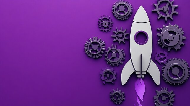 A creative design featuring a rocket and rotating gears on a purple background, representing the collaboration and drive behind startup ventures and teamwork