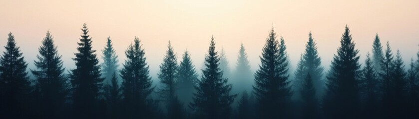 Fototapeta premium Serene Misty Dawn Over a Forest Silhouette with Tall Evergreen Trees Against a Soft Pastel Sky