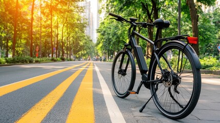 Fototapeta premium Stylish Electric Bicycle Parked on Scenic Pathway Surrounded by Lush Greenery