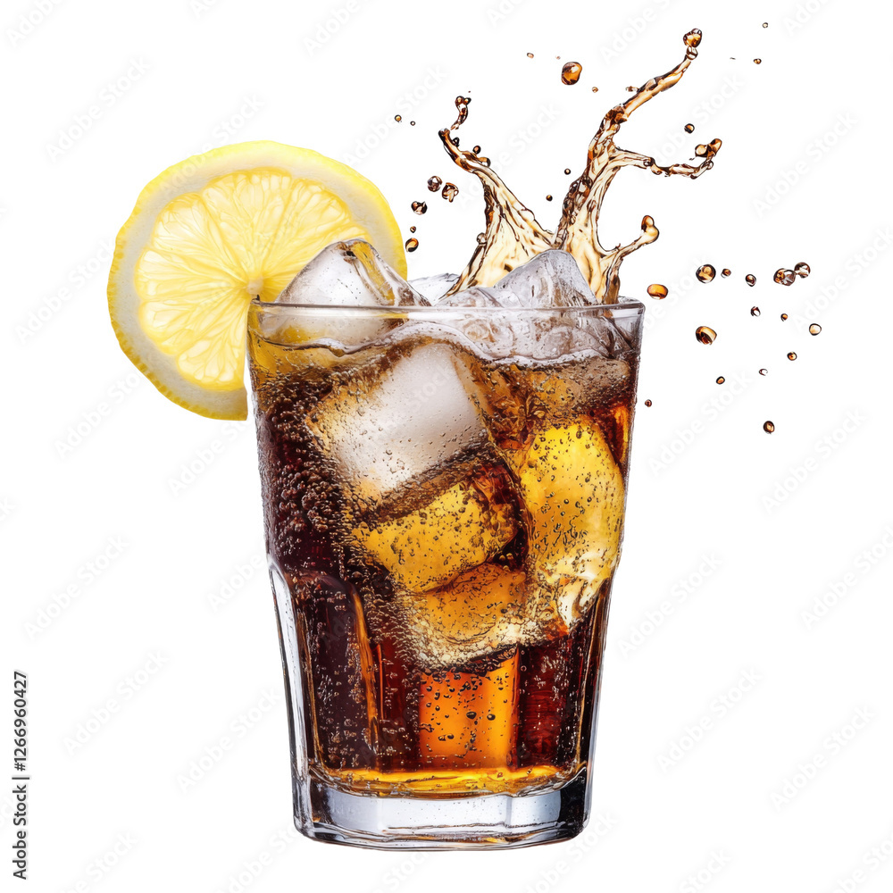 Poster Refreshing glass of with ice and lemon slice, splashing droplets